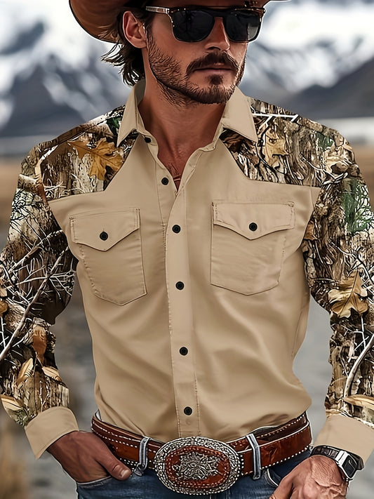 Mens Khaki Long Sleeve Shirt Camouflage Patchwork RegularFit