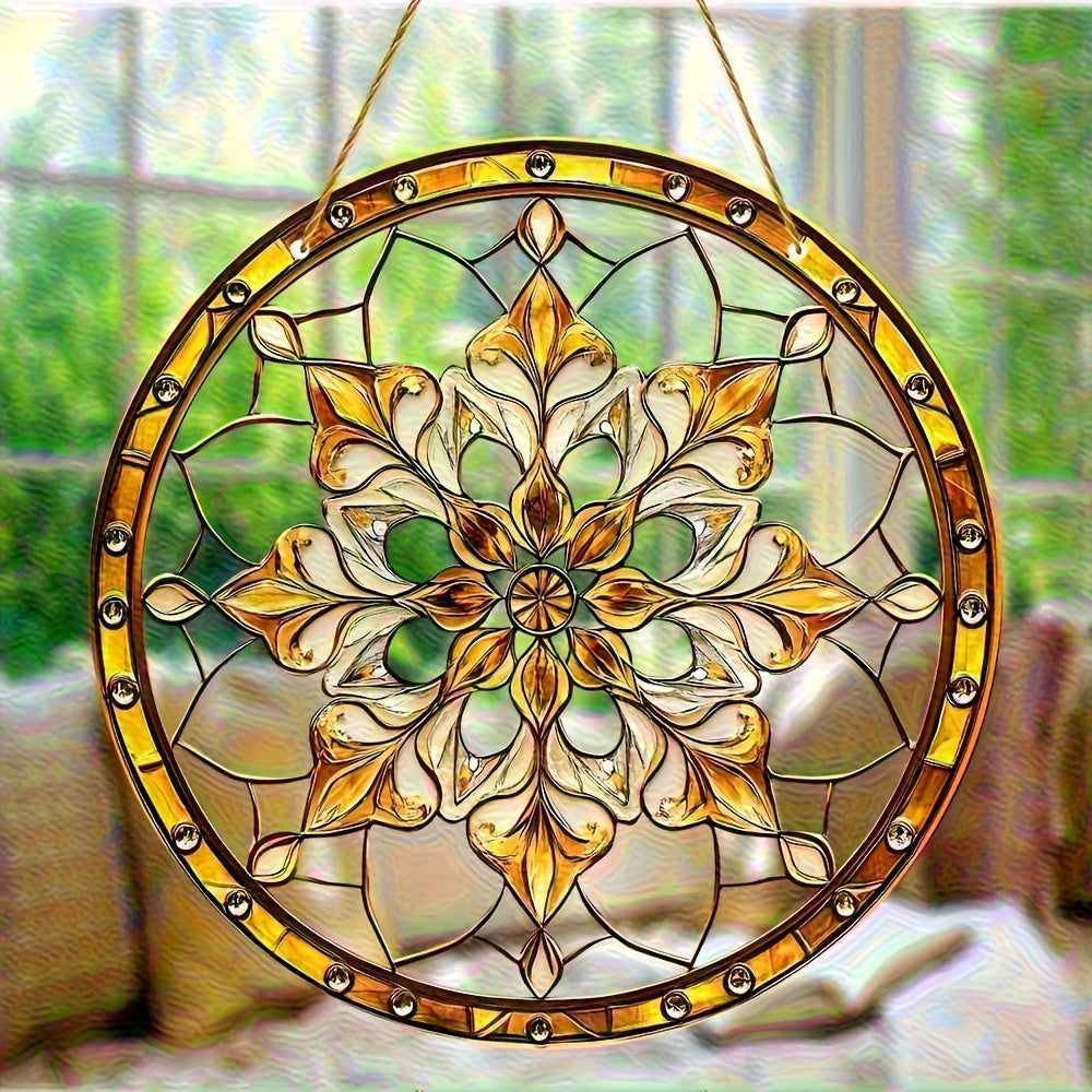 Bohemian Golden Flower Acrylic Sun Catcher Round Indoor Outdoor Wall Decor