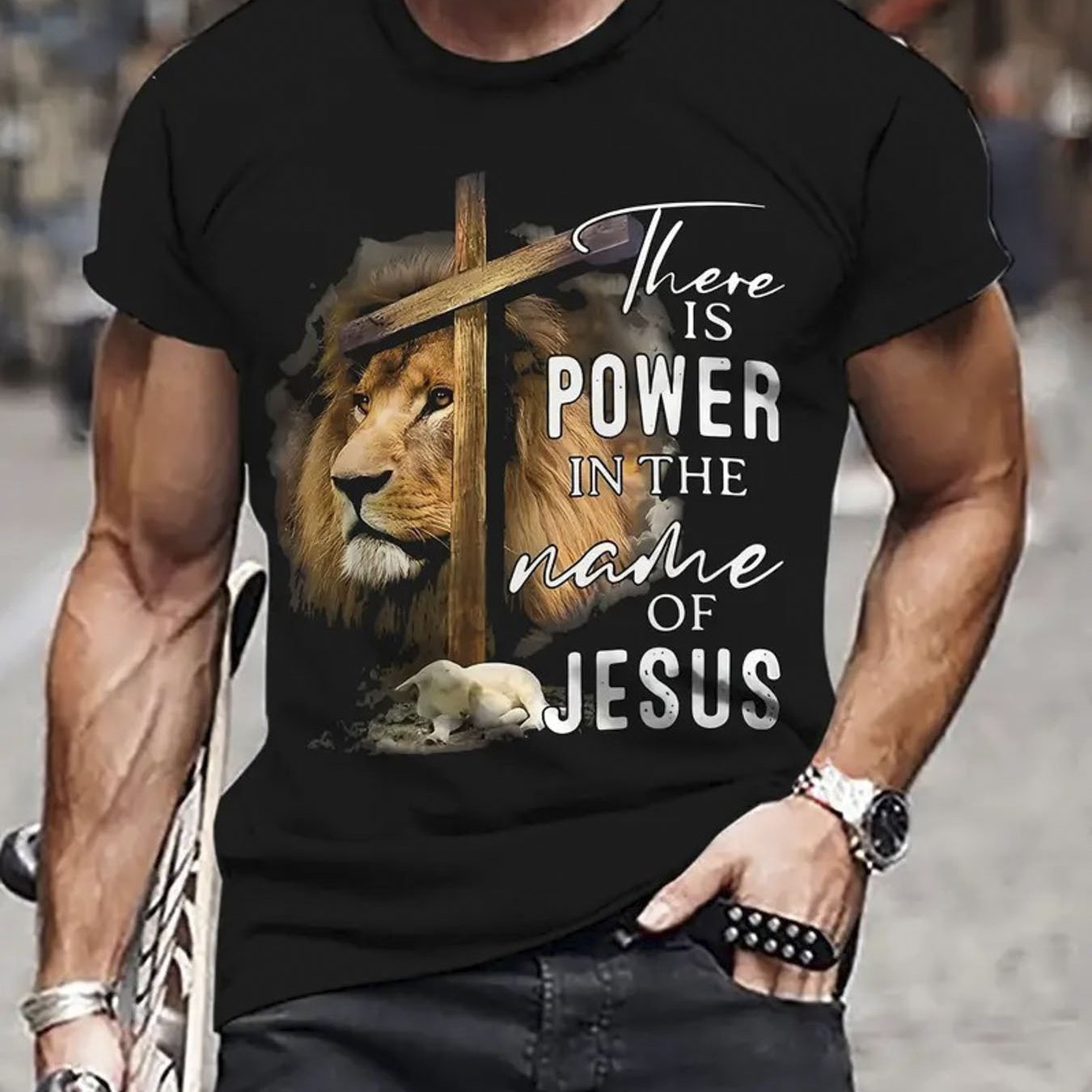 100% Cotton Lion Cross Pattern Printed Men T Shirt Casual