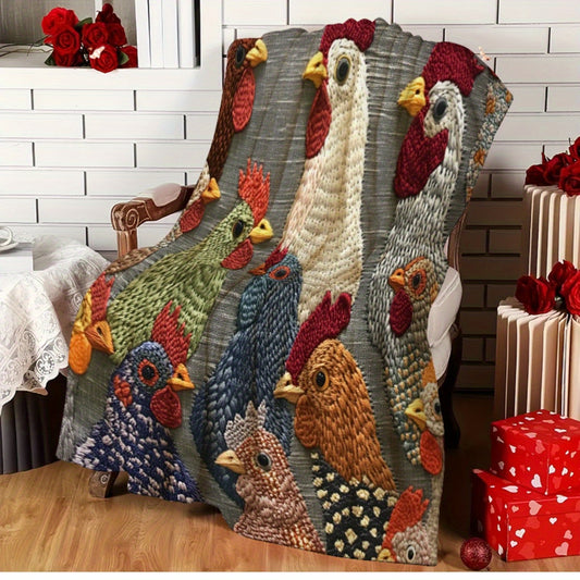 Vintage Chicken Print Flannel Blanket All Season Plush Throw Machine Washable