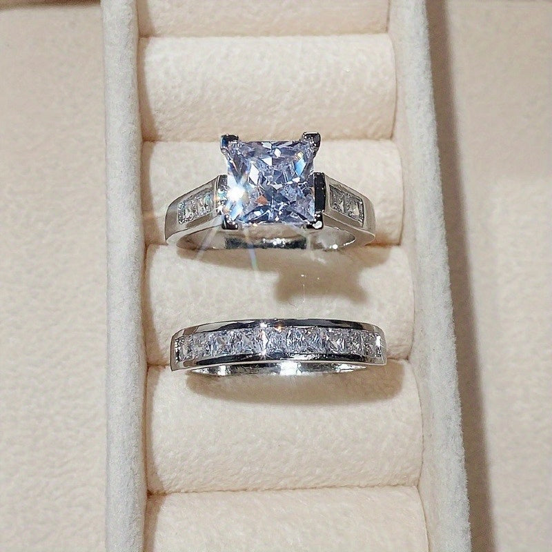 Womens Square Moissanite Ring Set 925 Silver Engagement Gift