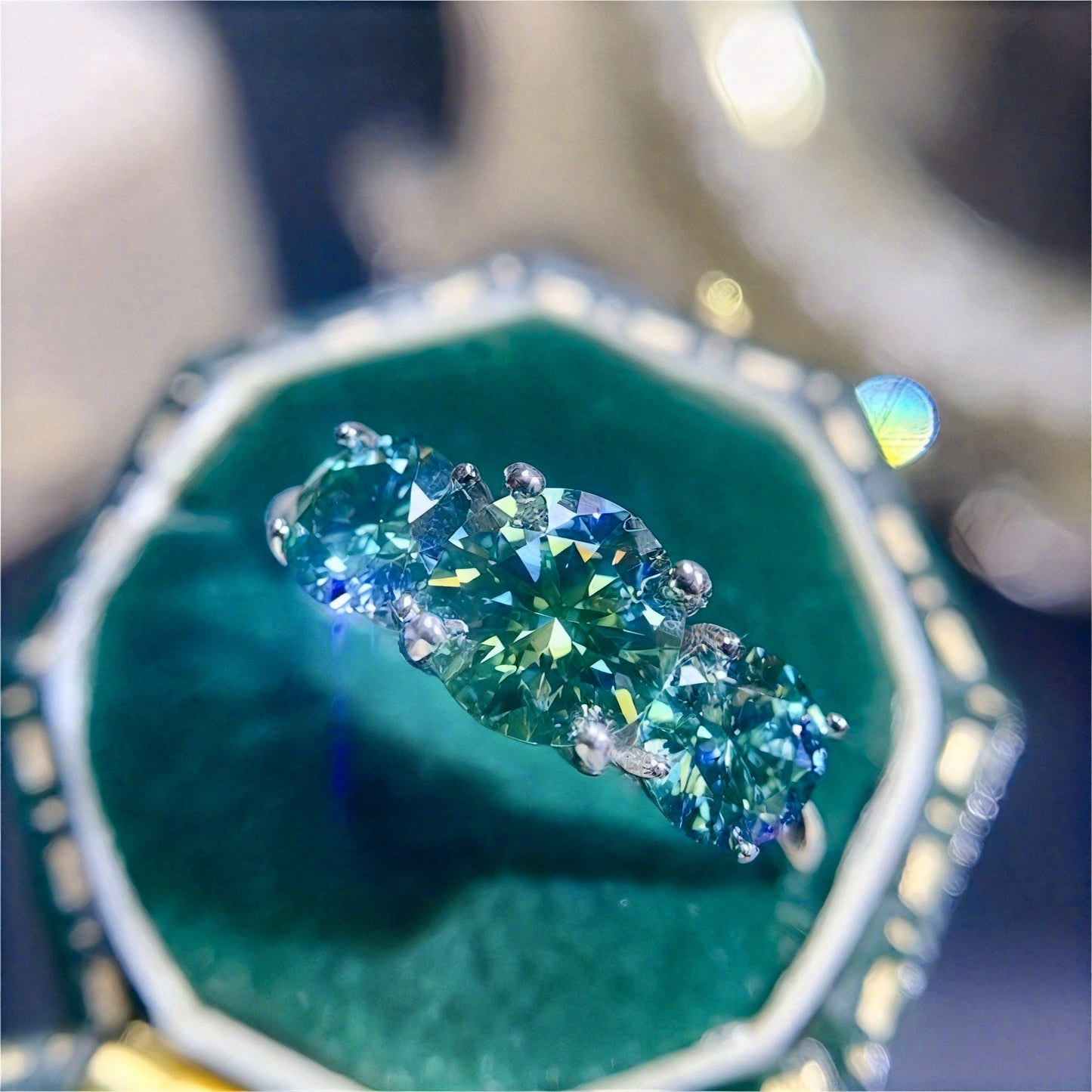 Vintage Moissanite Ring 925 Silver Three Stone Engagement