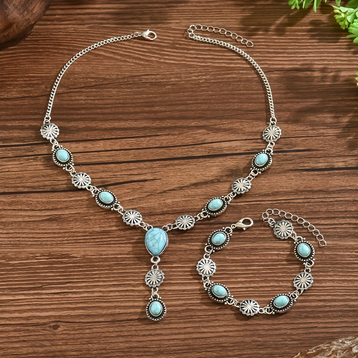 A Set of 2 Women'S Bracelets And a Necklace Featuring a Vintage Bohemian Y-Shaped Design Inlaid with Faux Turquoise, Perfect for Everyday Gifting And Unique Party Jewelry.