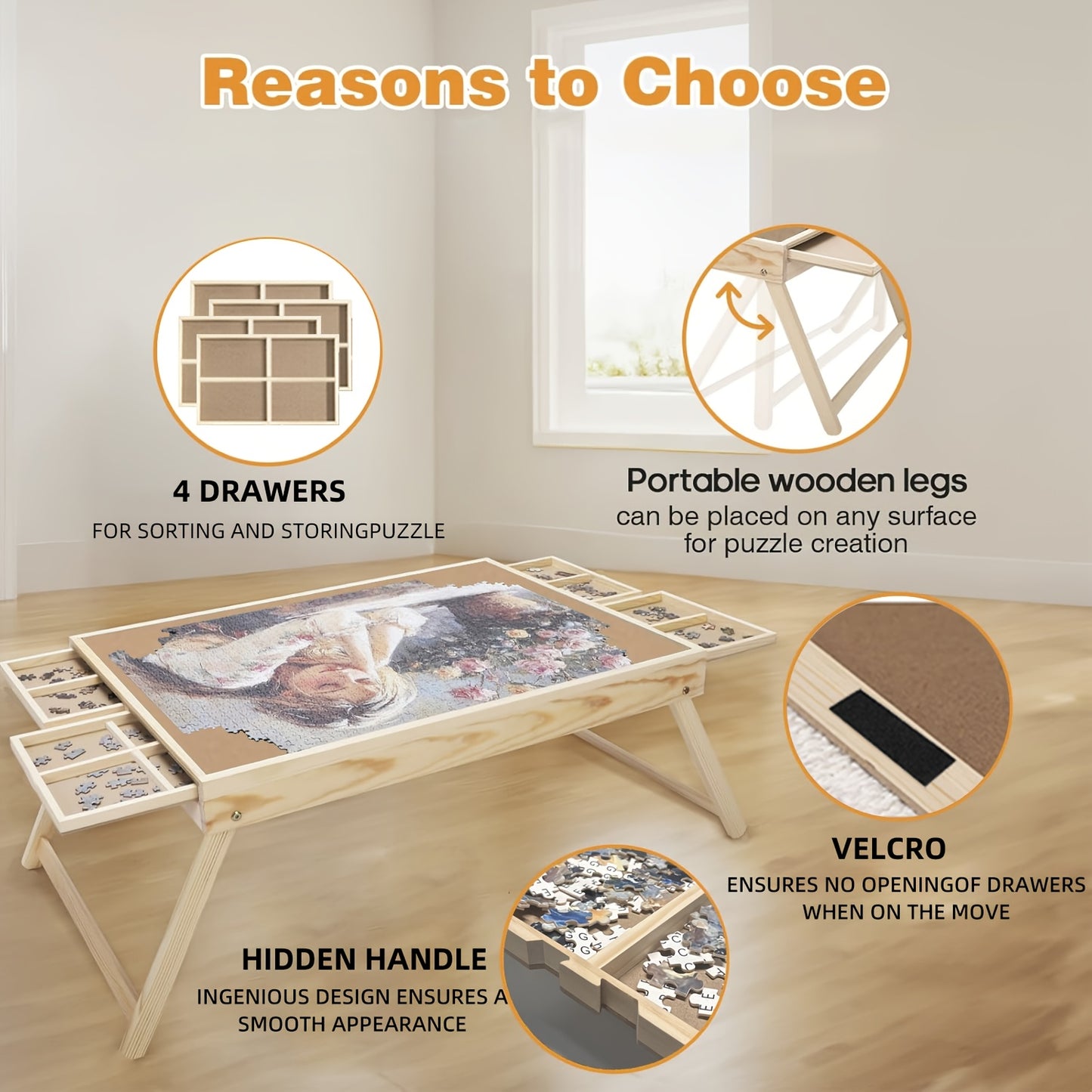 Puzzle Table with Folding Legs, Wooden Puzzle Table with 4 Drawers And 16 Grids, Portable Enlightenment Board for Storage And Sorting - 1000pcs Puzzle Table School Supplies