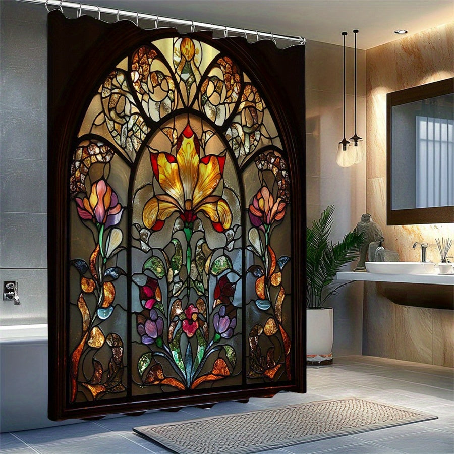 Floral Bath Curtain Stained Glass Lily Design Gothic Window Vibrant Colors