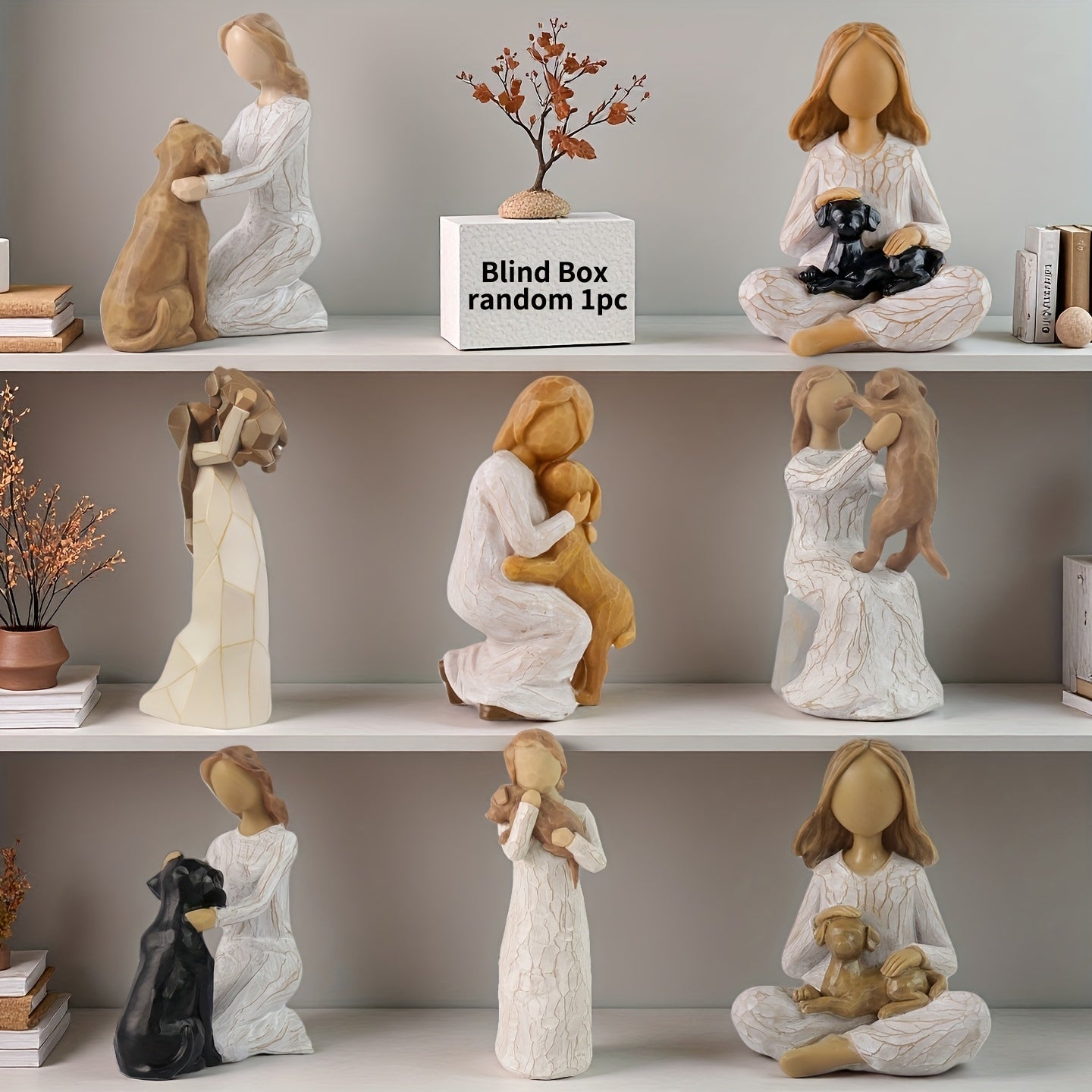 Surprise Box Woman And Dog Statue Hand Painted Resin Sculpture Desk Decor Gift