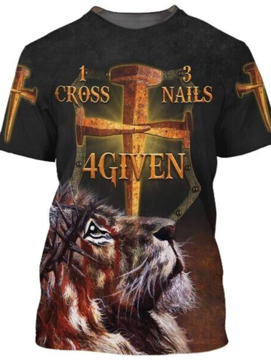 Mens Christian Graphic Tee Jesus Lion Cross 3D Allover Print