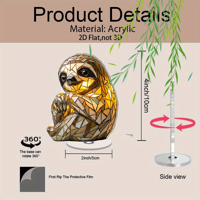 2D Flat Acrylic Tabletop Display Plaque, A Mosaic-Style Sloth-Shaped Table Lamp With Warm Light, Rotatable, With Base