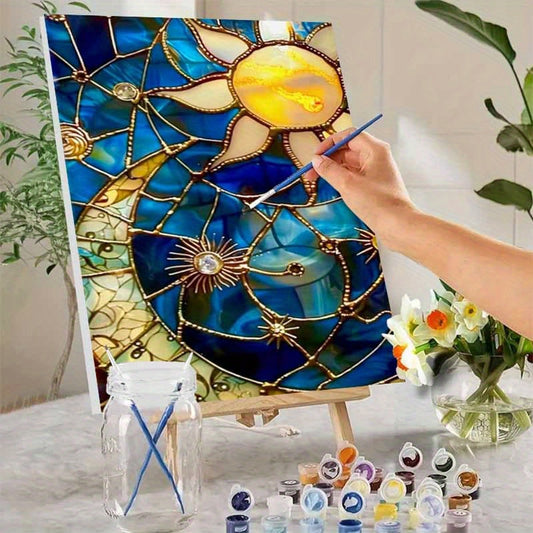 1 Set Adult Stained Glass Painting Kit - Sun and Stars Celestial Night Sky Art with Pre-Printed Numbered Canvas, Paints & Brushes Included | 40x50cm/15.7x20in Frameless for home Decor | All-Season Family Activity, Holiday Gif