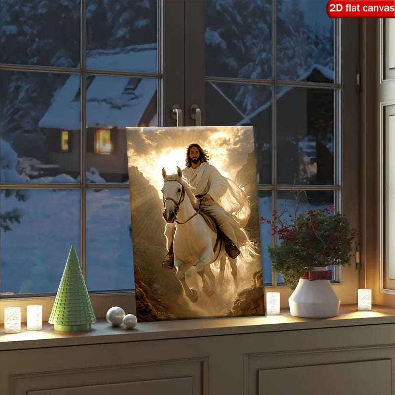 Majestic Jesus On White Horse Canvas Art Print With Frame