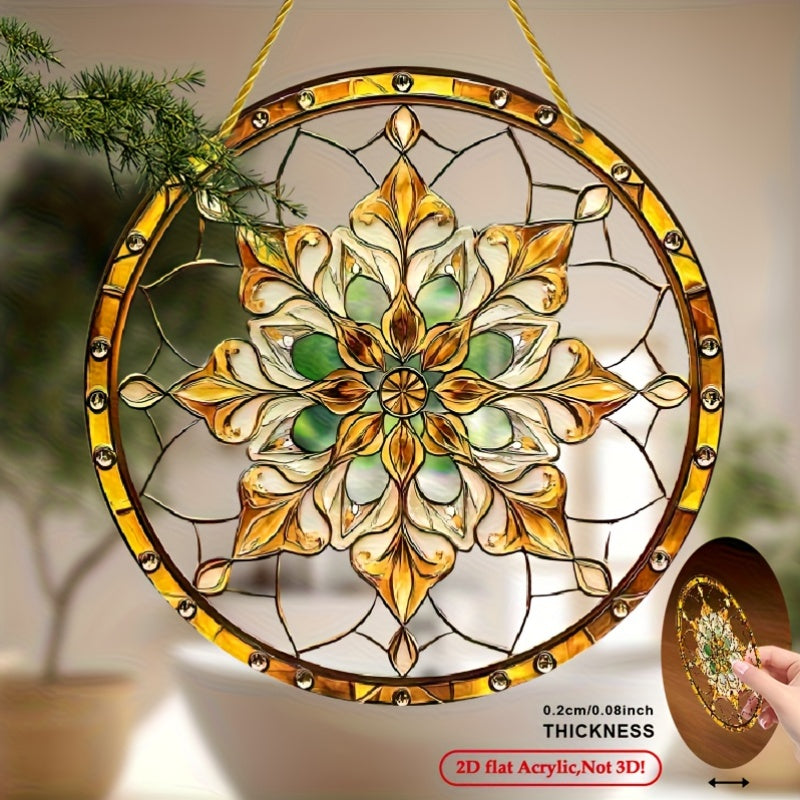 Bohemian Golden Flower Acrylic Sun Catcher Round Indoor Outdoor Wall Decor