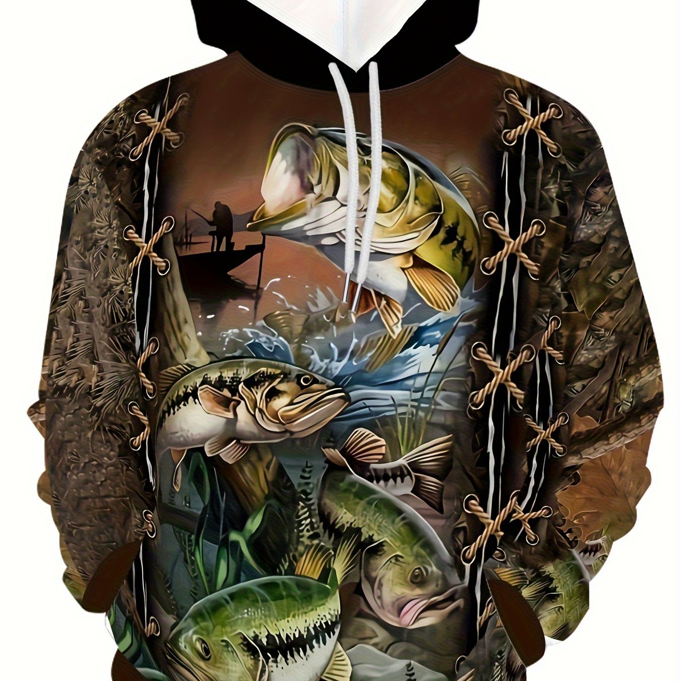 Men's Bass Fishing Graphic Hoodie Kangaroo Pocket Plus Size