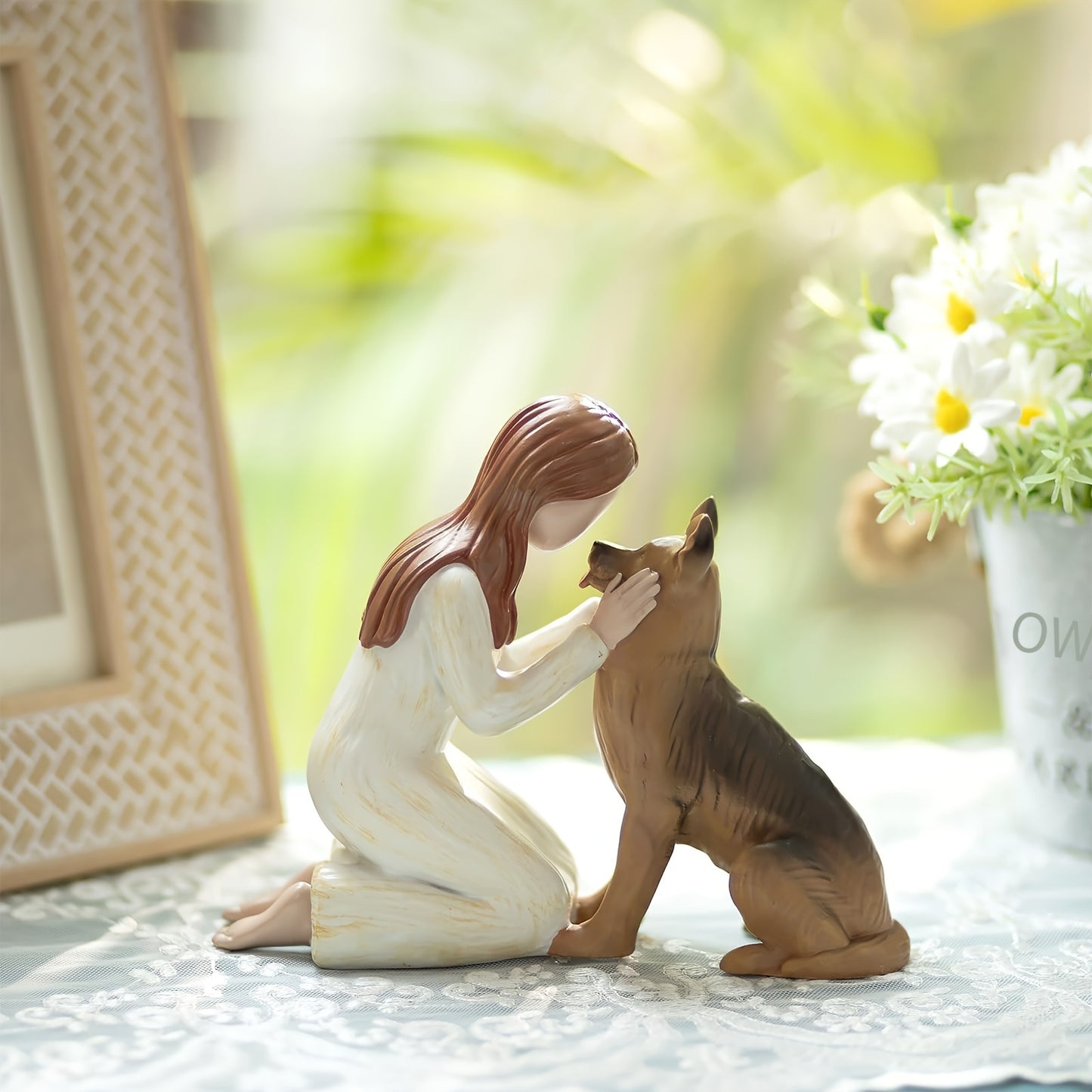 Resin Cherubic Girl With German Shepherd Sculpture Friendship Decor Gifts