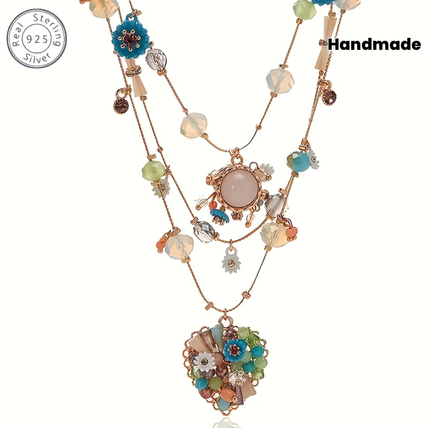 925 Sterling Silver Multi Layer Beaded Necklace With Stones