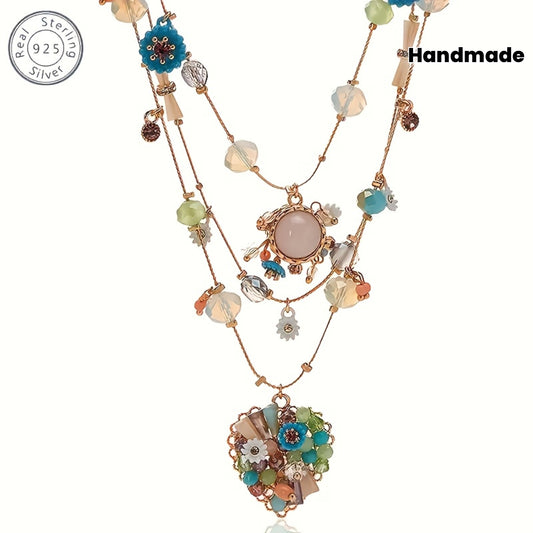 925 Sterling Silver Multi Layer Beaded Necklace With Stones