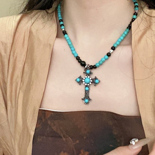 Women'S Turquoise Cross Beaded Necklace - Elegant Religious Jewelry with Cross Pendant, Everyday & Party Necklace for Valentine'S Gift, Birthday, Anniversary - Year-Round Layering Chain for Women, Special Occasion Accessory,
