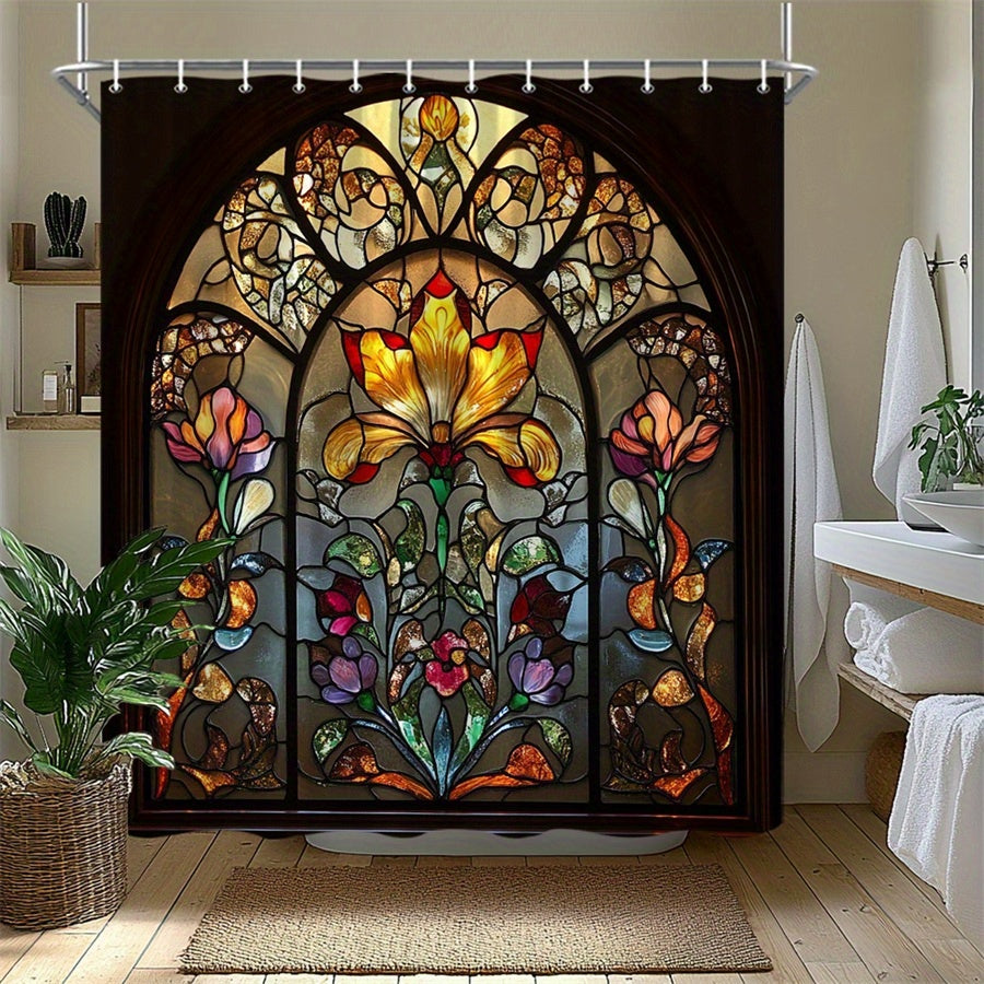 Floral Bath Curtain Stained Glass Lily Design Gothic Window Vibrant Colors