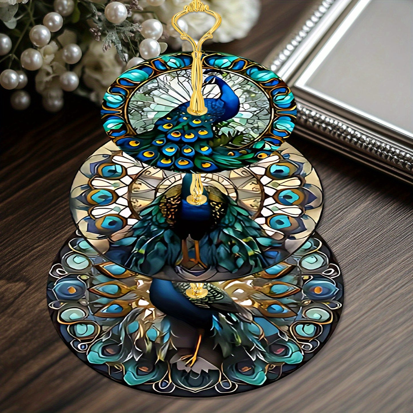 3 Tier Peacock Theme Wooden Display Tray For Weddings
