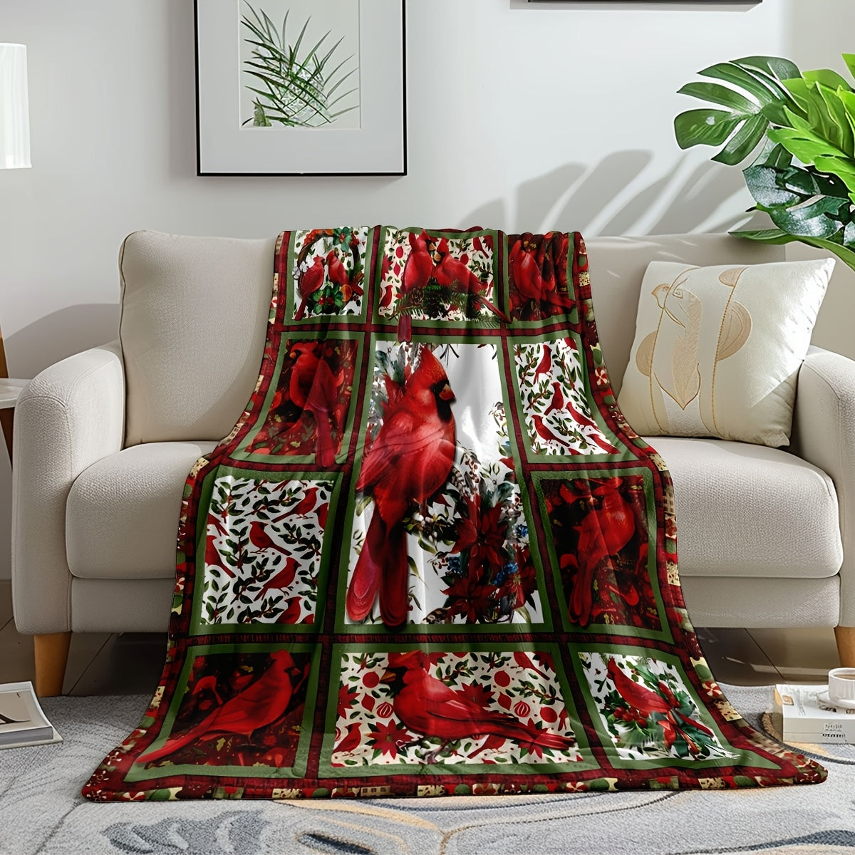 Cozy Red Cardinal Plaid Flannel Blanket Soft Plush Throw With Floral Design