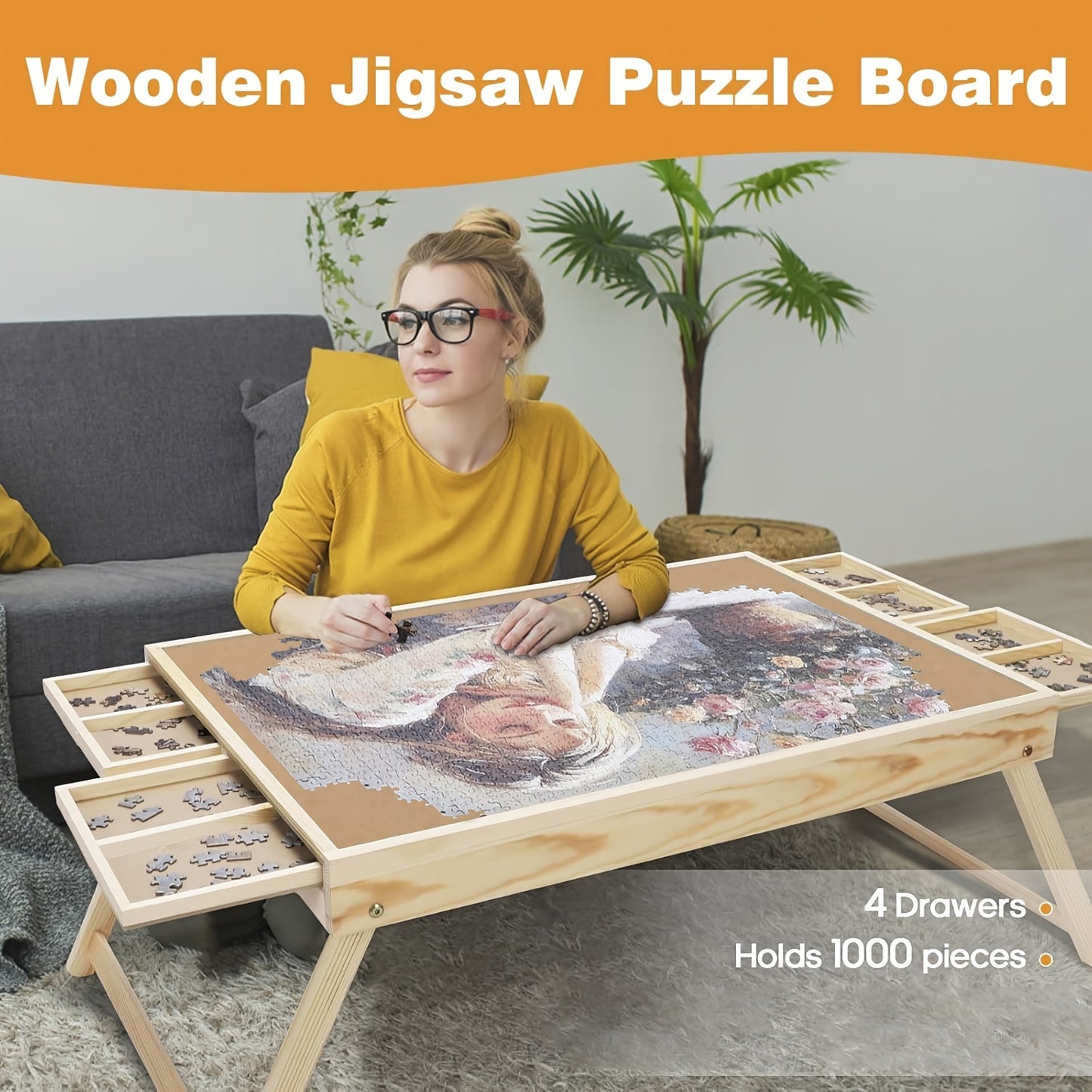 Puzzle Table with Folding Legs, Wooden Puzzle Table with 4 Drawers And 16 Grids, Portable Enlightenment Board for Storage And Sorting - 1000pcs Puzzle Table School Supplies