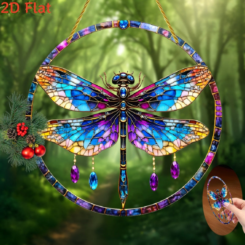 8x8 Inch Plastic Dragonfly Suncatcher Hanging Ornament With Golden Accents