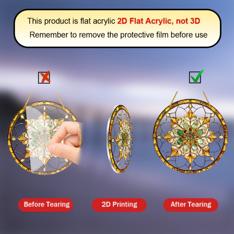 Bohemian Golden Flower Acrylic Sun Catcher Round Indoor Outdoor Wall Decor