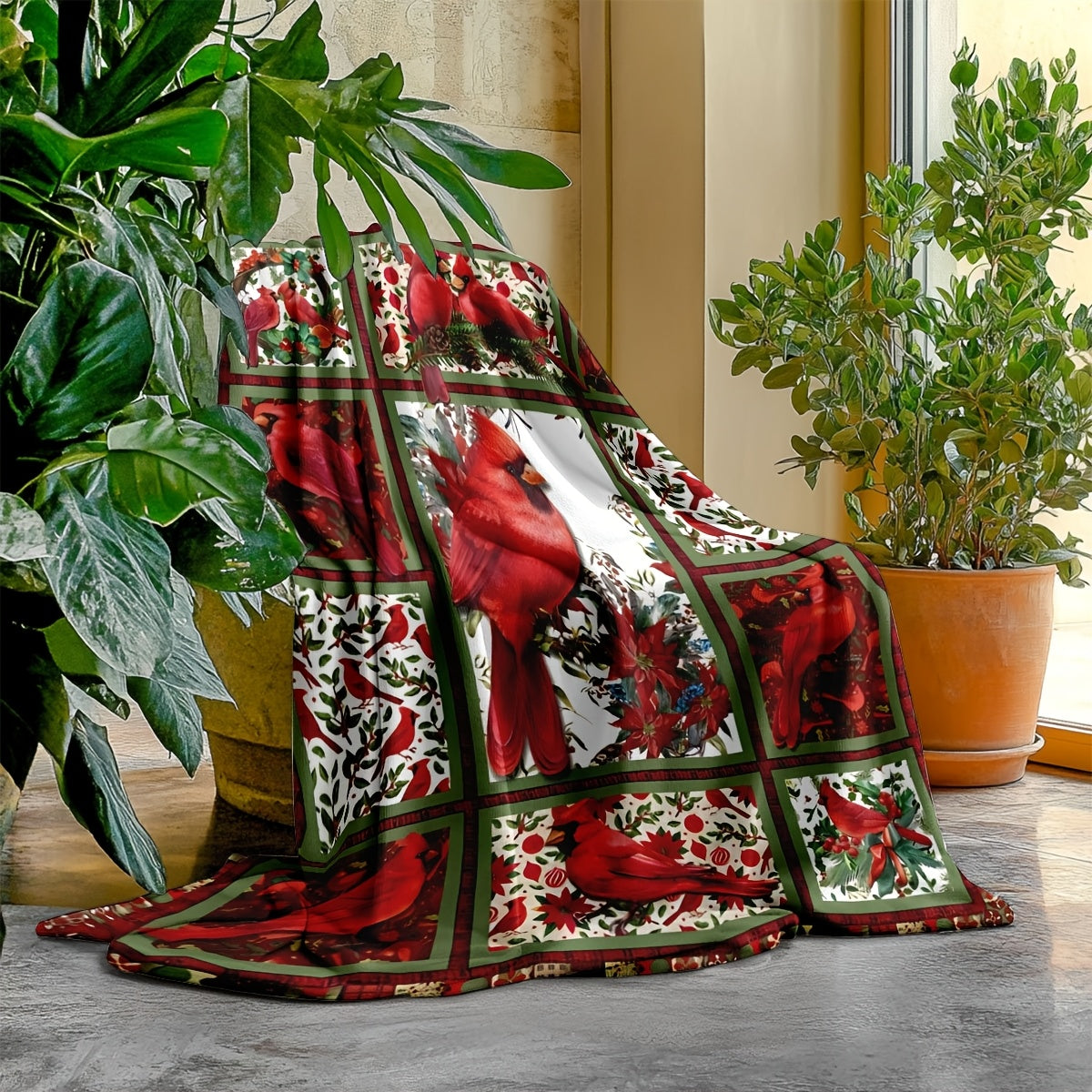 Cozy Red Cardinal Plaid Flannel Blanket Soft Plush Throw With Floral Design