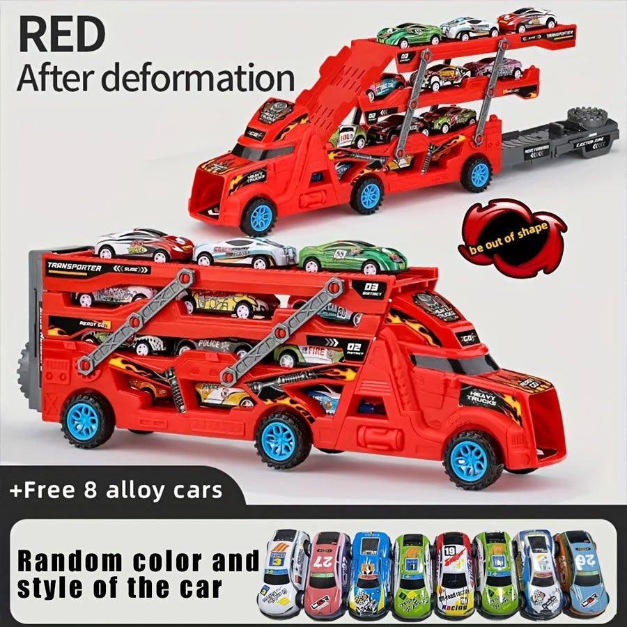 9 Piece Transforming Truck Toy Set With 8 Small Cars