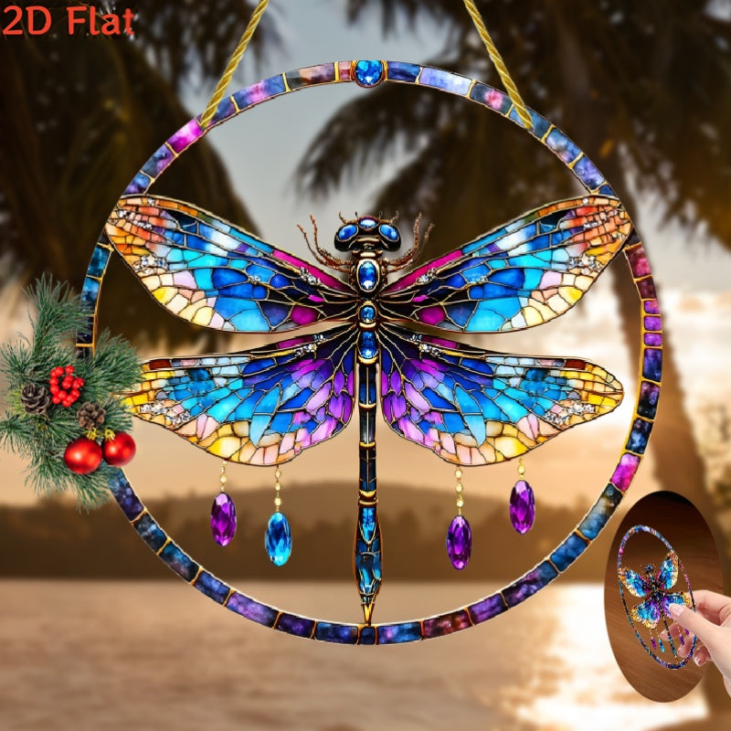 8x8 Inch Plastic Dragonfly Suncatcher Hanging Ornament With Golden Accents