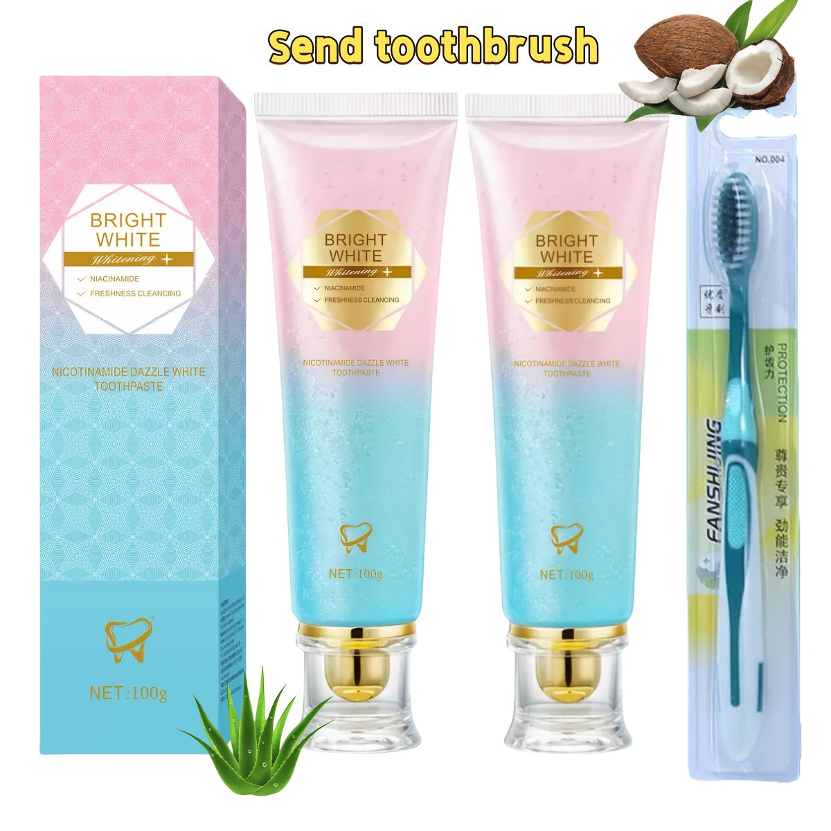 2pcs Of Niacinamide Toothpaste - Deep Cleaning, Mint For A Fresh Breath, Contains Coconut Oil And Aloe Vera, Buy Toothpaste Get A Toothbrush, A Gift For, The Perfect Christmas Gift