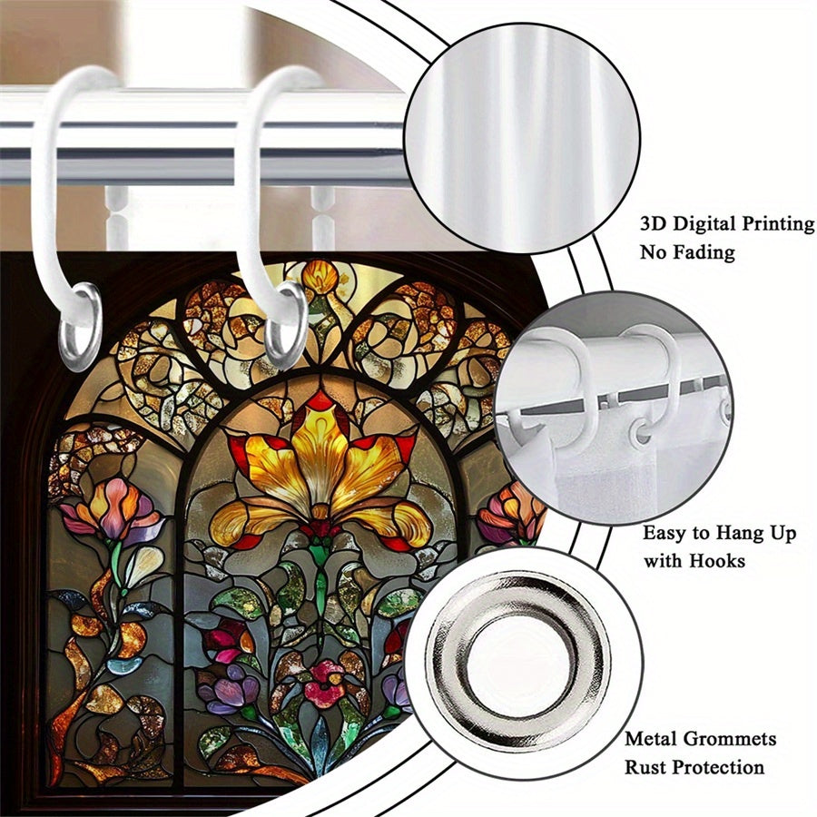 Floral Bath Curtain Stained Glass Lily Design Gothic Window Vibrant Colors