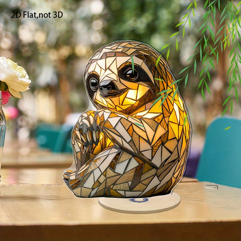 2D Flat Acrylic Tabletop Display Plaque, A Mosaic-Style Sloth-Shaped Table Lamp With Warm Light, Rotatable, With Base