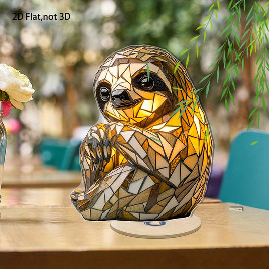 2D Flat Acrylic Tabletop Display Plaque, A Mosaic-Style Sloth-Shaped Table Lamp With Warm Light, Rotatable, With Base