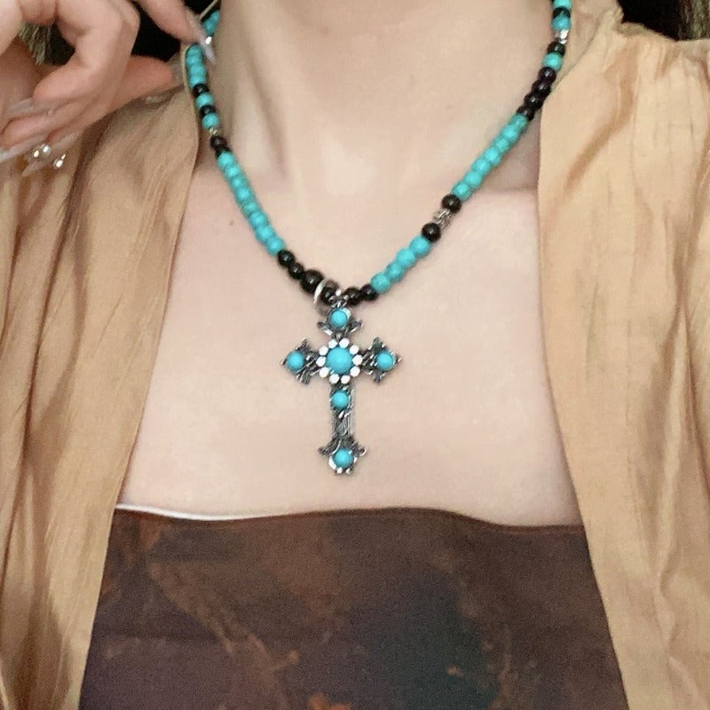 Women'S Turquoise Cross Beaded Necklace - Elegant Religious Jewelry with Cross Pendant, Everyday & Party Necklace for Valentine'S Gift, Birthday, Anniversary - Year-Round Layering Chain for Women, Special Occasion Accessory,