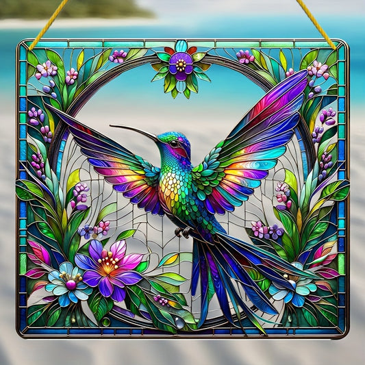 1pc Vibrant Hummingbird Stained Glass Suncatcher, 8"x8" - Colorful Floral and Leaf Design for Windows and Garden Decor, Perfect for Porch and Wall Art, Outdoor Seasonal Decoration, Ideal Birthday or Holiday Gift, Bird Decor
