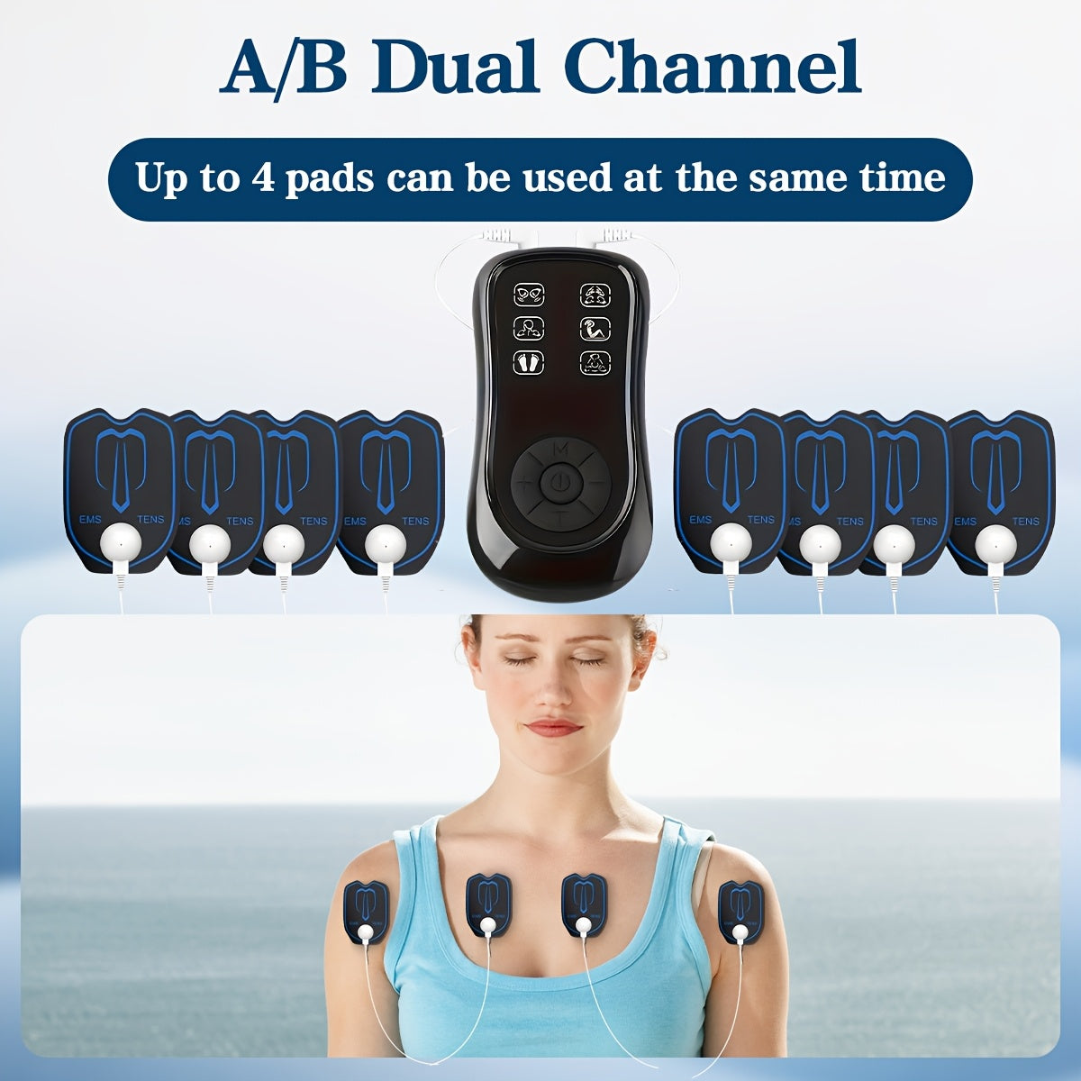 Dual Channel TENS EMS Unit With 8 Pads For Back Relief