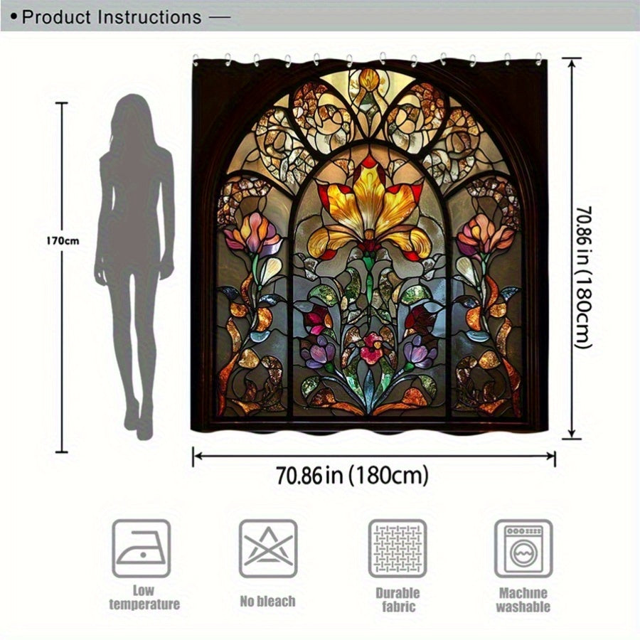 Floral Bath Curtain Stained Glass Lily Design Gothic Window Vibrant Colors