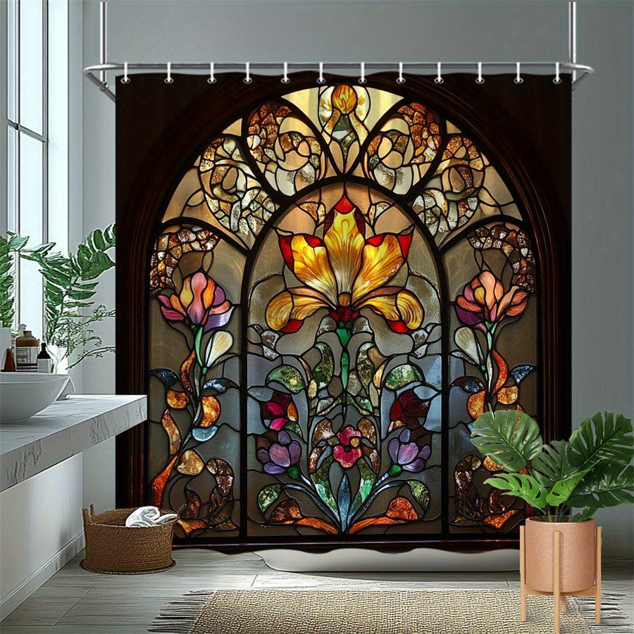 Floral Bath Curtain Stained Glass Lily Design Gothic Window Vibrant Colors