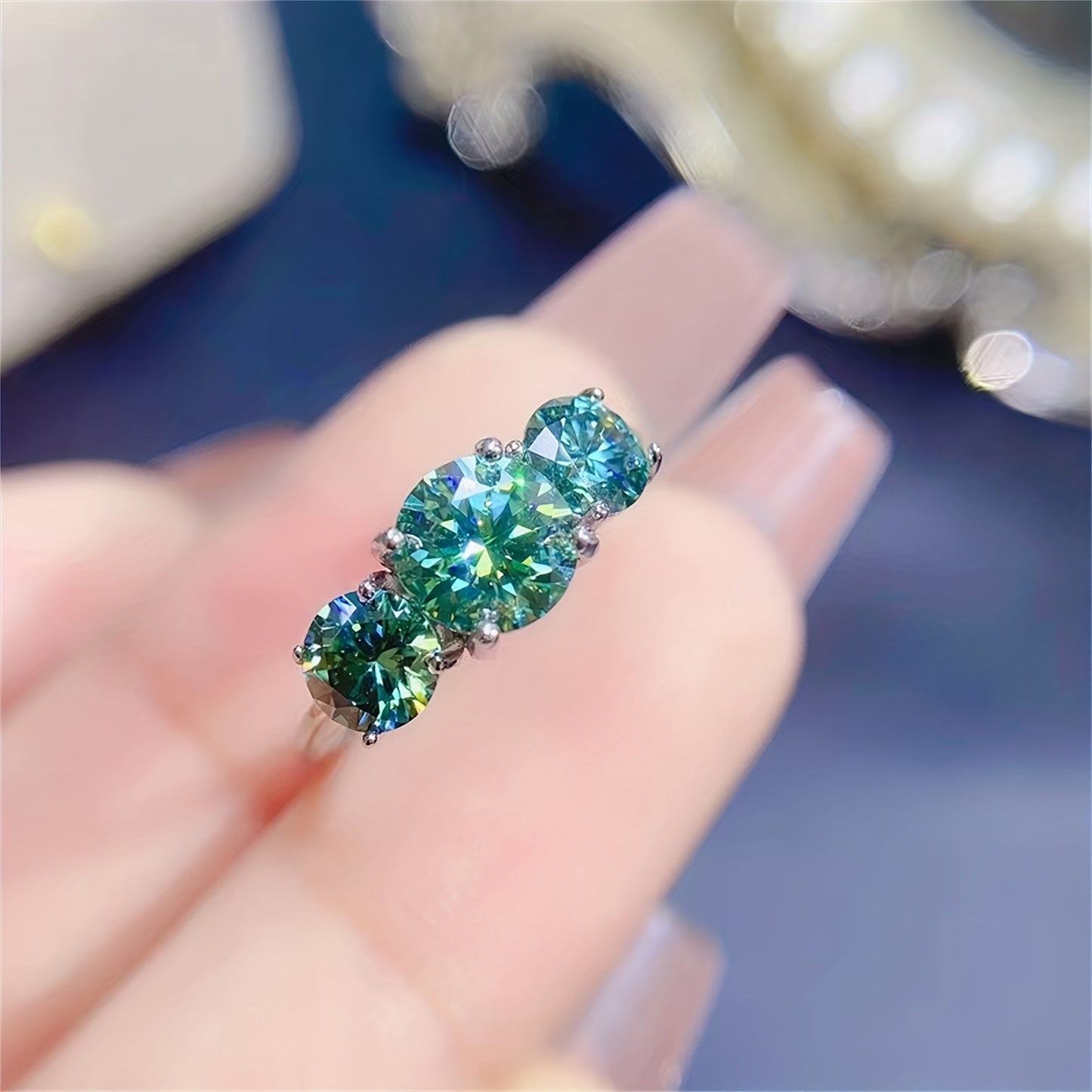 Vintage Moissanite Ring 925 Silver Three Stone Engagement