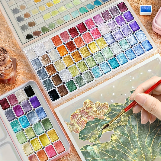 60pcs Shimmer Metallic Watercolor Pigments Set - Vibrant Color Palette With 2 Brushes, Portable Solid Painting Kit For Artists, Enthusiasts & DIY Crafts, Ideal Holiday Gift, Metallic Watercolor