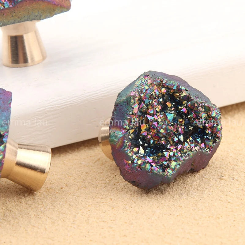 New Natural Crystal Stone Knob Brass Base Drawer Pull Handle