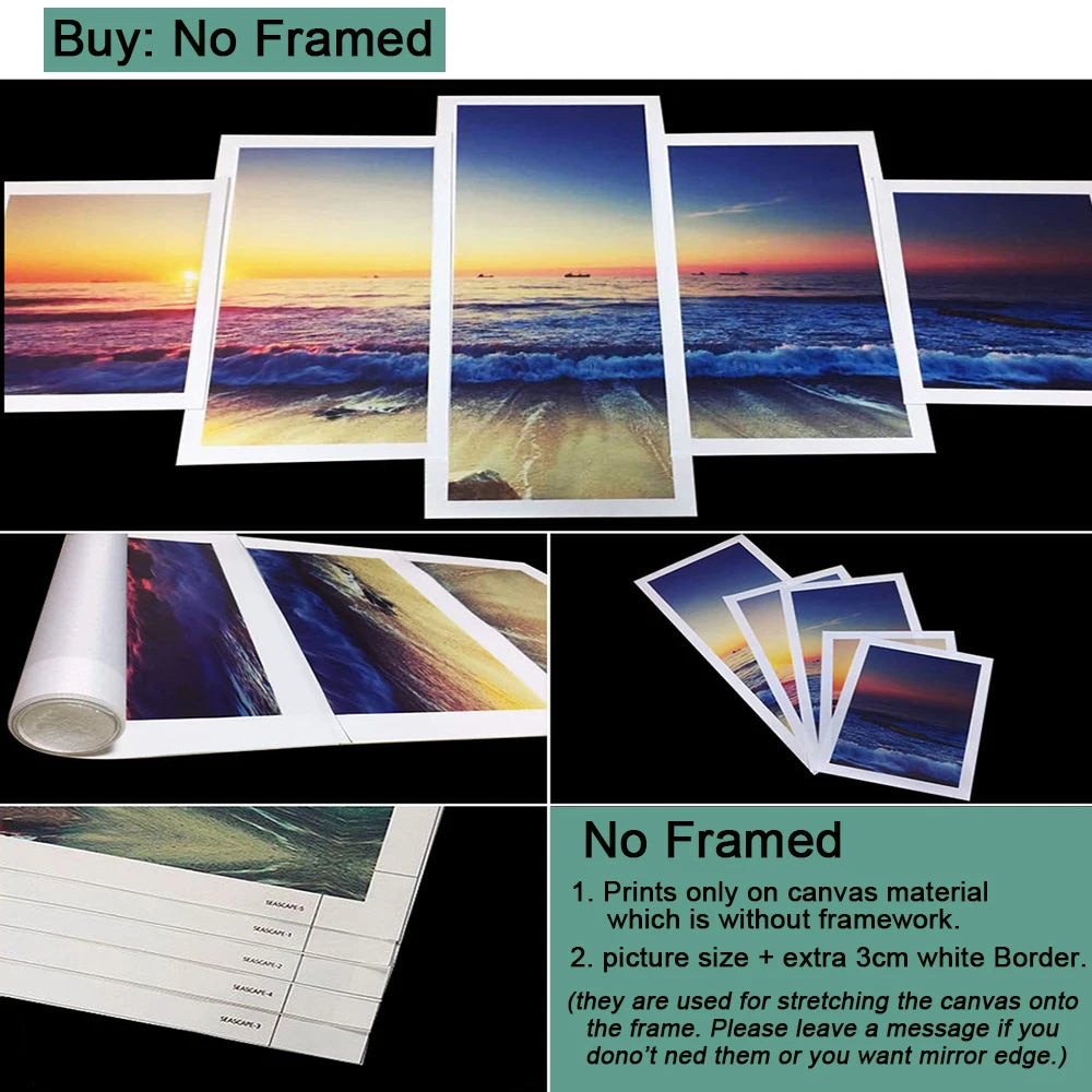 5 Pieces Wall Art Canvas Poster Sunset Ocean View Landscape Painting Living Room Decor Print Bedroom Mural Home Decoration