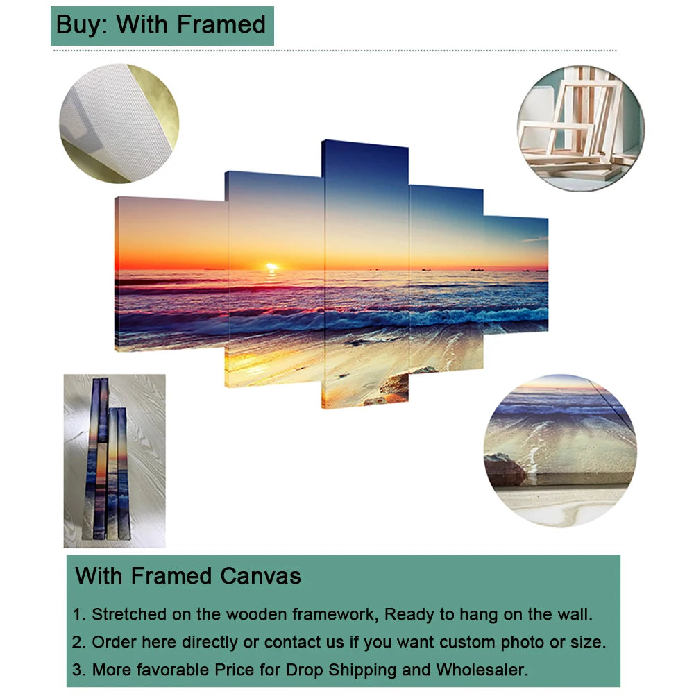 5 Pieces Wall Art Canvas Poster Sunset Ocean View Landscape Painting Living Room Decor Print Bedroom Mural Home Decoration