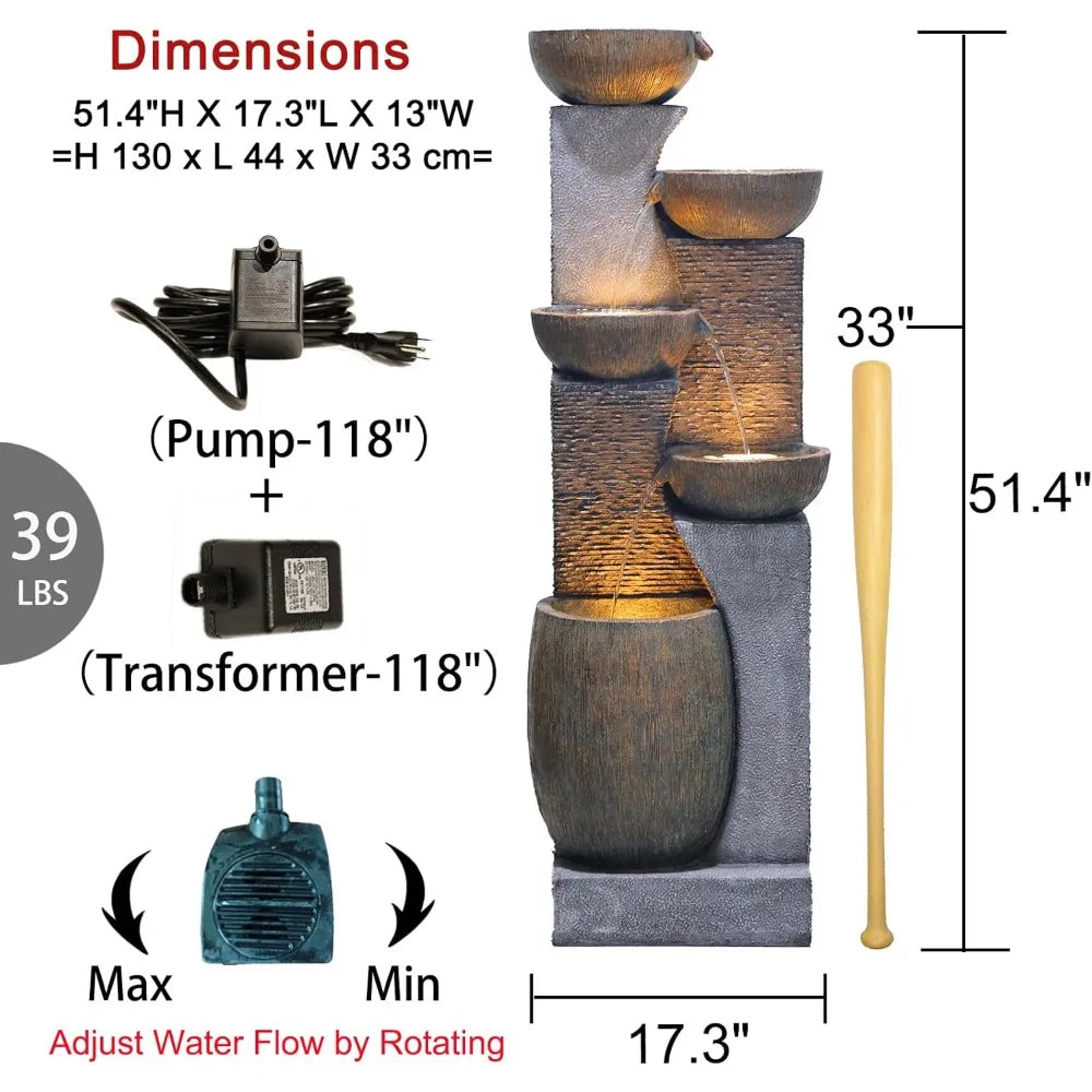 51.4" H Outdoor Garden Water Fountain for Garden, Patio, Backyard, Deck, Porch and Home Art Decor, 5 Tiers Modern Cascading Larg