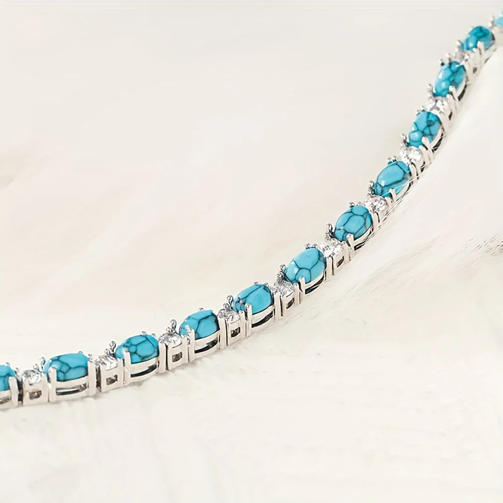 925 Sterling Silver 20cm Turquoise Tennis CZ Zircon Chain Bracelet for Women Luxury Crystal Fine Jewelry Gift Shipping from USA
