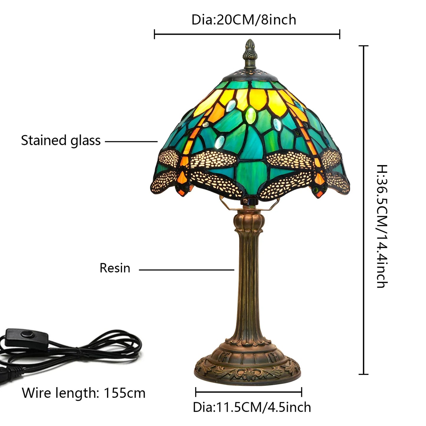 8inch 20cm Tiffany Desk Light Stained Glass Dragonfly Lampshade Bedside Table Lamp for Bedroom Living Room Lampara Mesita Noche