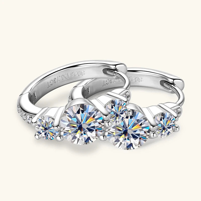 OXTAO S925 Silver Hoop Earrings Moissanite Three Stone
