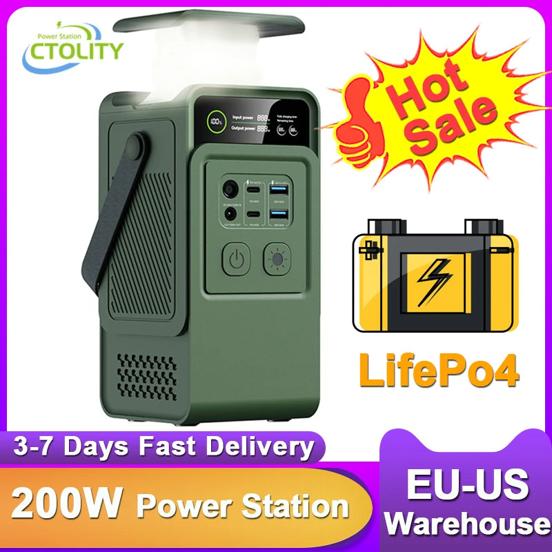 CTOLITY 200W Power Station Camping USB Type C Port 192Wh LiFePO4 60000mAh