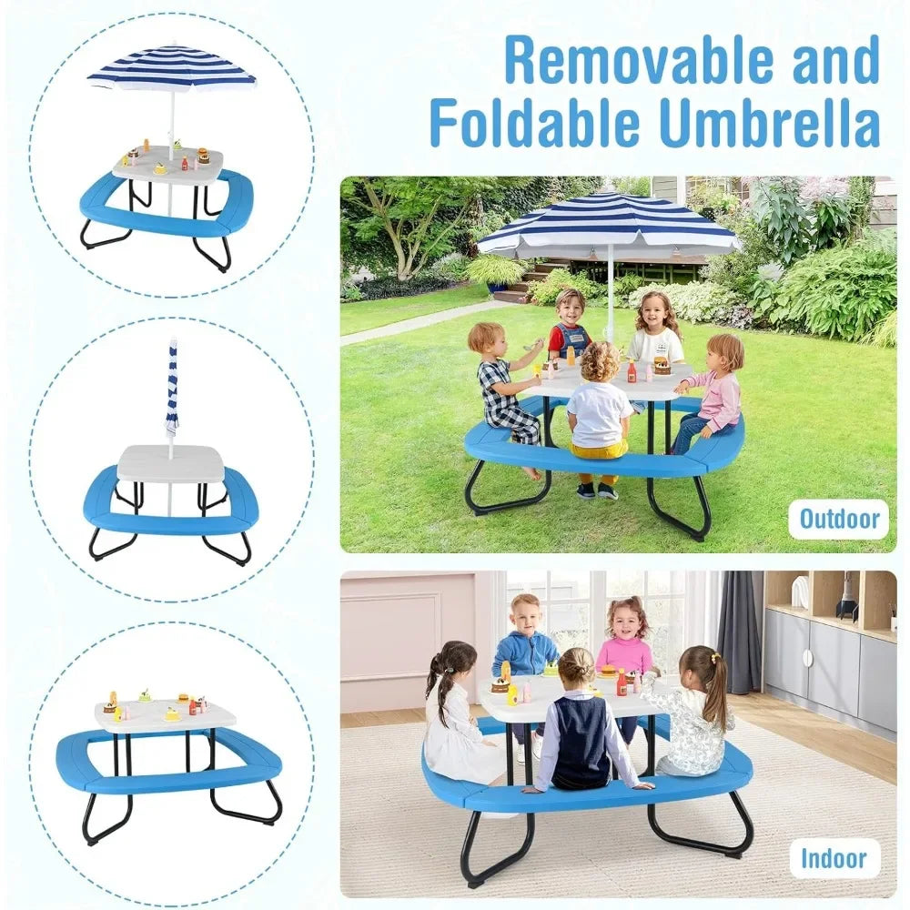 Kids Picnic Table, 8 Person Toddler Outdoor Table and Chair Set, 4 Built-in Benches, Removable Umbrella, Metal Frame