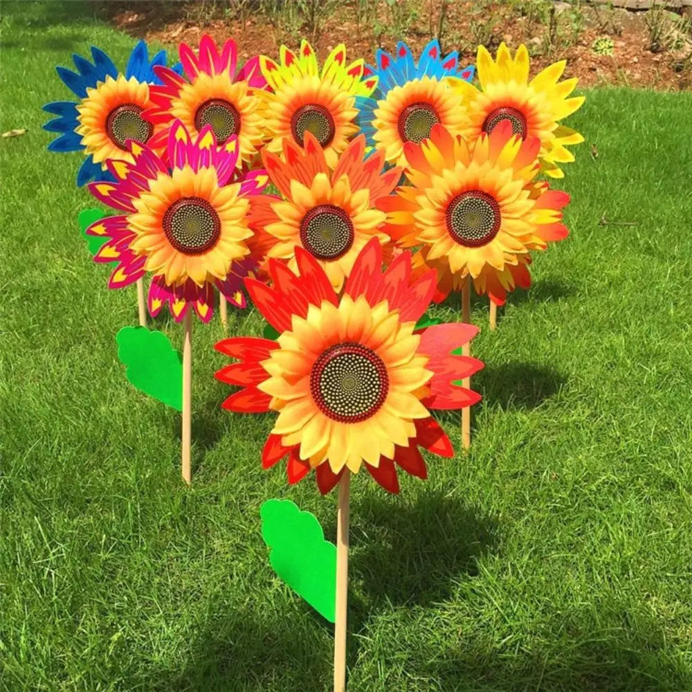 Colorful Sunflower Windmill Wind Turbine Wooden Pole Plug-in Windmill Camping Picnic Lawn Party Decoration